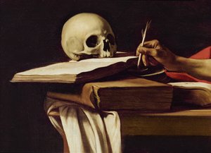 書き物をする聖ジェローム（絵画64912の細部） 作： Michelangelo Merisi Caravaggio