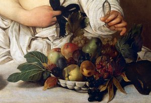 バッカス、フルーツボウルの詳細、1589年頃（キャンバスに油彩） 作： Michelangelo Merisi da Caravaggio