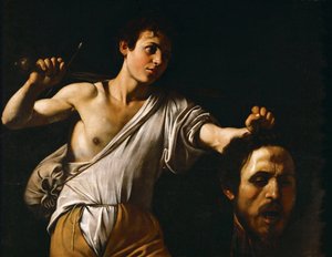 バロック :ゴリアテの頭を持つダヴィデ』カラヴァッジオ、ミケランジェロ（1571-1610）、1600年頃。木に油彩、90,5x116。美術史博物館、ヴィエンヌ 作： Michelangelo Merisi da Caravaggio