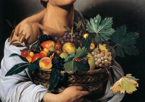 果物の入ったバスケットを持つ少年」詳細 作： Michelangelo Merisi da Caravaggio