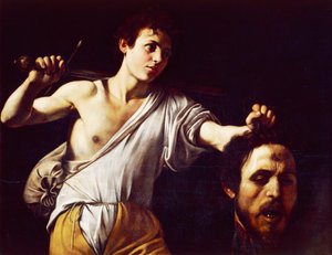 カラヴァッジョ（1571-1610）として知られるミケランジェロ・メリシによるゴリアテの頭を持つダビデ、キャンバスに油彩、90,5 x 116,5cm 作： Michelangelo Merisi da Caravaggio