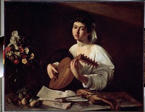 "リュート奏者" ミケランジェロ・メリージ（カラヴァッジオ）（1571-1610）の絵画 1595年頃 サイズ 94x119cm エルミタージュ美術館（サンクトペテルブルク）。 作： Michelangelo Merisi da Caravaggio