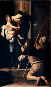 Madonna dei pellegriniは、Madonna di Loreto（マドンナ・デ・ペレラン、マドンナ・ド・ロレット）としても知られています。ミケランジェロ・メリージ・ディット・イル・カラヴァッジョ（カラヴァッジョ）（1571-1610）の絵画 1603-1605 薄さ 260x150 cm ローマ、サン・アゴスティーノ教会（Chiesa di Sant