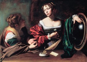 「マルタとマグダラのマリア」 カラヴァッジョまたはイル・カラヴァッジョ (1571-1610) として知られるミケランジェロ・メリシの絵画 1598 年頃 幅 100x134.5 cm デトロイト美術館 作： Michelangelo Merisi da Caravaggio