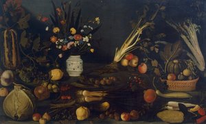 花と植物の静物画（油彩・キャンバス 作： Michelangelo Merisi da Caravaggio