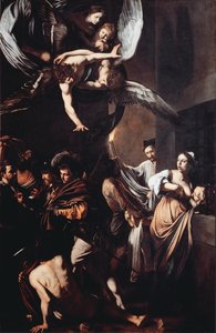 ミゼリコルデの7つの作品（Sette opere di misericordia）。獄中で飢えを宣告されたシモンが娘のペロ（ローマの慈愛）の乳房を食べており、背景には死体を引き抜くために炎のついた松明を運ぶ男がいる。上部には処女が 作： Michelangelo Merisi da Caravaggio