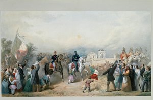 1859 年 6 月 8 日にサルデーニャ王ヴィットリオ エマヌエーレ 2 世とナポレオン 3 世がミラノに凱旋入場 (水彩画)