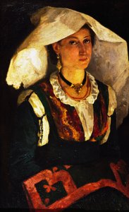 サルデーニャの衣装を着た女性、1875年頃、ミケーレ・カンマラーノ（1835-1920）作、油彩・キャンバス。 作： Michele Cammarano