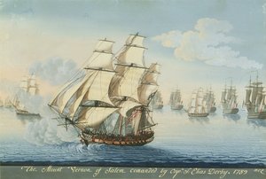 フランス艦隊を出し抜くセーラムのマウント・ヴァーノン号（水彩・紙） 作： ミケーレ・フェリーチェ・コーン