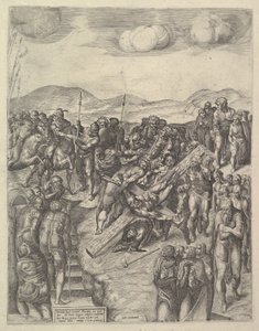 聖ペテロの磔刑、ミケランジェロのフレスコ画、バージニア州ポーリン礼拝堂、1550-60年。 作： Michele Lucchese
