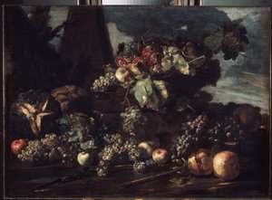 「ブドウのある静物」 ミケランジェロ・パーチェ・ダ・カンピドリオ作 (1610-1670) 1650-1660 Dim. 98x134 cm エルミタージュ美術館、サンクトペテルブルク 作： Michele Pace del Campidoglio