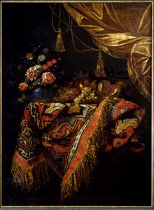 静物 テーブルクロスの上でポーズをとる果物や花。ミケランジェロ・カンピドリオ（1610-1670）の絵画 17世紀 レンヌの美術館蔵 作： Michele Pace del Campidoglio