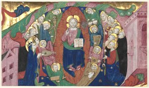 合唱団の本からの歴史的なイニシャルの断片：威厳のあるキリスト、c。 1400。 作： Michelino Molinari da Besozzo