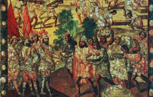Hernan Cortes (1485-1547) の詳細 Cempoal に入り、すべてのスペイン人に肉とプレゼントを与えるチーフ Gordo (Quauhtlaebana) を受け取る