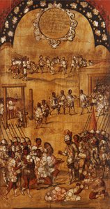 メキシコの征服、パネルIII、c.1696-1715（木にペイント） 作： Miguel Gonzalez