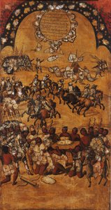 メキシコの征服、パネルII、c.1696-1715（木にペイント） 作： Miguel Gonzalez