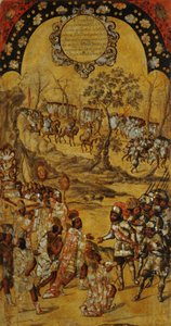 メキシコの征服、パネルVIII、c.1696-1715（木にペイント） 作： Miguel Gonzalez