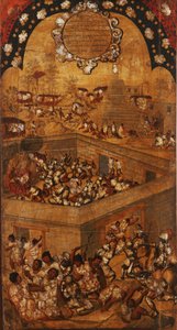 メキシコの征服、パネルVII、c.1696-1715（木にペイント） 作： Miguel Gonzalez