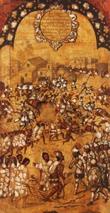 メキシコの征服、パネルV、1696〜1715年頃（木にペイント） 作： Miguel Gonzalez