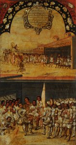 メキシコの征服、パネルXV、1696〜1715年頃（木にペイント） 作： Miguel Gonzalez