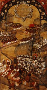 メキシコの征服、パネルXXII、1696〜1715年頃（木にペイント） 作： Miguel Gonzalez