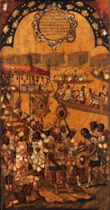 メキシコの征服、パネルX、c.1696-1715（木にペイント） 作： Miguel Gonzalez