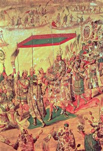 エルナンド・コルテス (1485-1547) による「メキシコの征服」を描いた絵画のモンテズマ (1466-1520) の歓迎 (1466-1520) の詳細 (1698 年) 作： Miguel Gonzalez