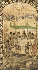 1520年、船の破壊を命じ、モンテズマ（モクテスマ、モテヅマ、モテクフゾマ）（1466-1520）の大使と会談 - エルナン・コルテスによるメキシコ征服 par Gonzalez, Miguel and Juan（17世紀末に活躍）。木に油彩、サイズ : 作： Miguel and Juan Gonzalez