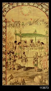 メキシコの征服: エルナンド・コルテス (1485-1547) は船の破壊を命じ、1520 年にモンテスマ (1466-1520) の大使と会う 作： Miguel and Juan Gonzalez