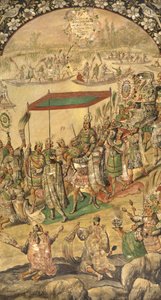 モンテズマの歓迎(1466-1520) - エルナン・コルテスによるメキシコ征服 パー・ゴンザレス、ミゲル、フアン(17世紀末に活躍)。木に油彩、サイズ：97x53 作： Miguel and Juan Gonzalez