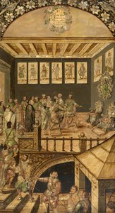 1520年、エルナンド・コルテス（1485-1547）のモンテズマ（1466-1520）への訪問 - エルナン・コルテスによるメキシコ征服 par Gonzalez, Miguel and Juan（17世紀末に活躍）。木に油彩、サイズ：97x53 作： Miguel and Juan Gonzalez