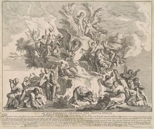 1739年の中国のプリマ・マッキーナ：パルナッソス山とアポロ、ミューズ、ペガサス 作： Miguel de Sorellò, after Pierre Parrocel, after Michelangelo Specchi
