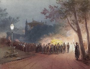 1895年、リヴァディアの小さな宮殿からアレクサンドル3世の遺体と一緒に棺を運ぶ 作： Mihaly von Zichy