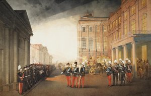 ピーターズバーグのアニチコフ宮殿の前のパレード、1870 作： Mihaly von Zichy