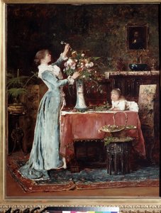 ""La composition dubouquet"" (ブーケを作る) 花束を用意する中産階級 (ハンガリー語?) の女性、娘が彼女を見ています。 Mihaly Munkacsy (1844-1900) による 1880 年頃の絵画 プーシキン美術館、モスクワ