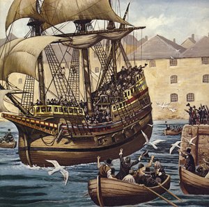 ウェストワード・ホー1620年9月16日、プリマス・ホーを離れるメイフラワー号（カラーリトグラフ）