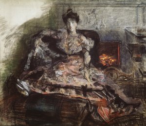 コンサートの後。 1905年にヴルーベルがデザインしたドレスを着た暖炉のそばのN.ザベラ=ヴルベルの肖像 作： Mikhail Aleksandrovich Vrubel