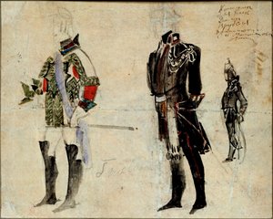 ピョートル チャイコフスキー (1840-1893) によるオペラ「スペードの貴婦人」の男性用準備衣装 (P チャイコフスキーによるオペラ「スペードの女王」の衣装デザイン) - ミハイル アレクサンドロヴィッチ ヴルベル (ヴルーベル) の作品 (1856-1910) )、鉛筆、水彩、ガム 作： Mikhail Aleksandrovich Vrubel