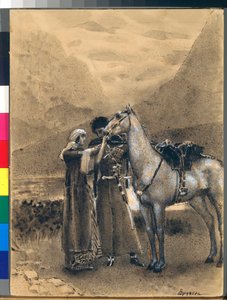 ザラとイスマイルの別れ - ミハイル・レールモントフ (1814-1841) の詩「イズマイール・ベイ」 (イズマイール・ベイ) からのイラスト - ミハイル・アレクサンドロヴィッチ・ヴルベル (ヴルベル) のアートワーク (1856-1910)