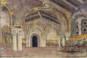 オペラの舞台デザイン、N。リムスキーコルサコフ作「ツァーの花嫁」（1899年） 作： Mikhail Aleksandrovich Vrubel