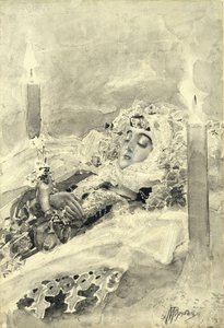 棺の中のタマラ。ミハイル・レールモントフ作の詩「The Demon」のイラスト、1890〜1891年 作： Mikhail Aleksandrovich Vrubel