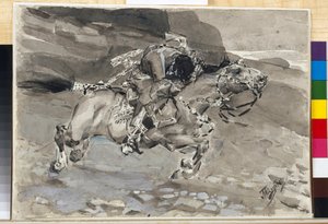 騎手 - Mikhail Lermontov (1814-1841) の詩「The Demon」からのイラスト - Mikhail Alexandrovich Vrubel (Vrubel) のアートワーク (1856-1910) 作： Mikhail Aleksandrovich Vrubel
