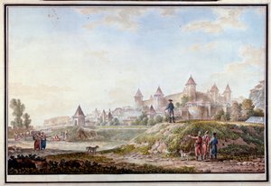 モルダビアのベンデリーにあるティギナ要塞の眺め - ミハイル・マトヴェーヴィッチ・イワノフ (1758-1823) による紙に水彩 作： Mikhail Matveevich Ivanov