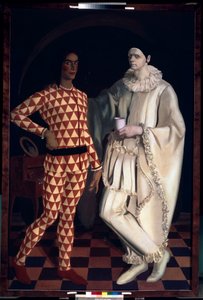 ハーレクインとピエロ (コメディア・デル・アルテの衣装を着た自画像) - ハーレクインとピエロ (自画像) - Alexander Yevgenyevich Yakovlev (Alexandre Iacovleff) (1887-1938) による絵画、キャンバスに油彩 作： Mikhail Nikolayevich Yakovlev