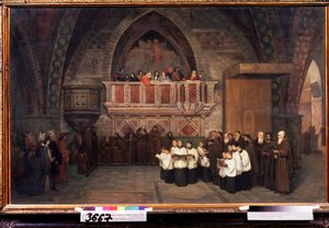 「イタリア、アッシジの聖フランチェスコ教会の晩餐会」ミハイル・ペトロヴィッチ・ボトキン（1839-1914）による絵画、1871年国立トレチャコフ美術館、モスクワ 作： Mikhail Petrovich Botkin