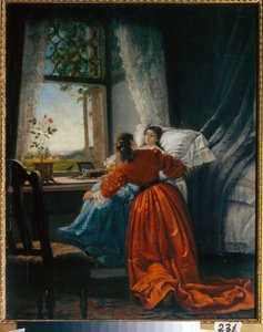 病人への訪問 (Visiting the Sick) 女性が窓の近くに設置された座席に少女を抱きしめる - ミハイル・ペトロヴィッチ、バロン・クロット (1835-1914) による絵画、銅に油彩 作： Mikhail Petrovich Klodt