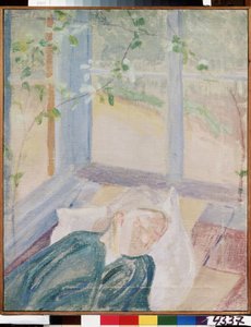 画家の妻エレナ (イェレナ) グロ (1877-1913) の肖像画 (アーティストの妻であるアーティスト Y. グロの肖像画)。 ブラウスを着てスカーフを巻いて、テラスの窓の下で寝ている姿を表現。 ミハイル・ヴァシリエヴィチ・マティの絵
