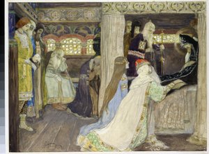 アレクサンドル ネフスキー大公 (1220-1263) の死。 （大公アレクサンドル・ネフスキーの死）。 Mikhail Vasilyevich Nesterov (1862-1942) の作品、紙に水彩、グワッシュ 作： Mikhail Vasilievich Nesterov