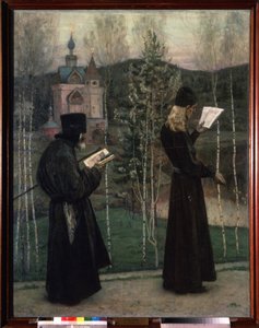 ベルが鳴っています (Ringing the Bells)。 歩きながら読書をしている 2 人の僧侶が、背景にある教会に向かっています。 Mikhail Vasilyevich Nesterov (1862-1942) の絵画、キャンバスに油彩
