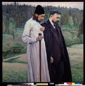 哲学者。 セルゲイ・ブルガーコフ (1871-1944) とパベル (ポール) フロレンスキー (1882-1943)。 （哲学者。セルゲイ・ブルガコフとパベル・フロレンスキー）。 Mikhail Vasilyevich Nesterov (1862-1942) の絵画、キャンバスに油彩
